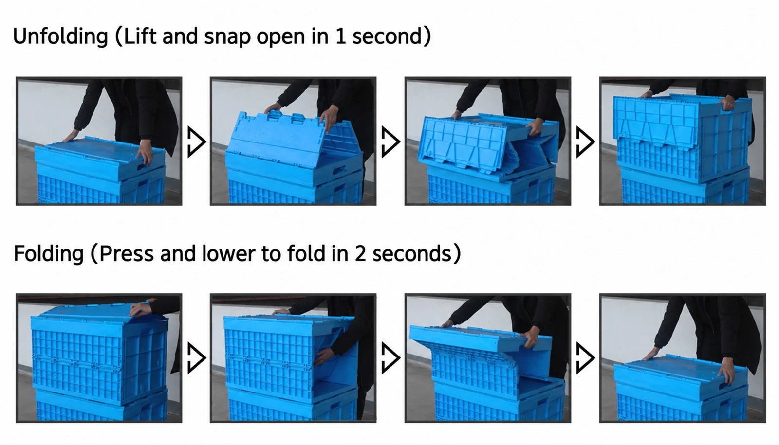 Step-by-step instructions for unfolding and folding Collapsible plastic crate Step-by-step instructions for unfolding and folding Collapsible plastic crate